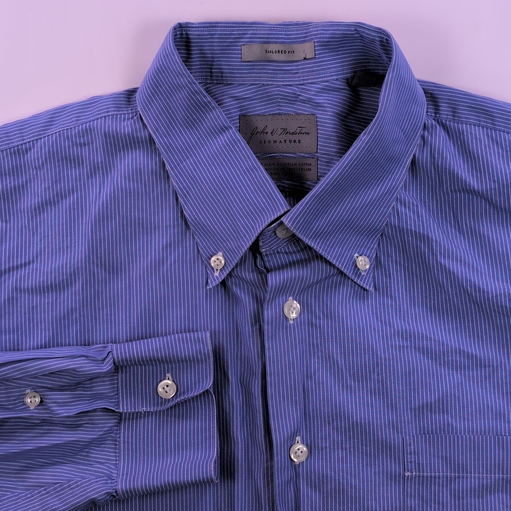 John W Nordstrom Signature Dress Shirt Mens 18.5 34 Blue Striped Egyptian Cotton